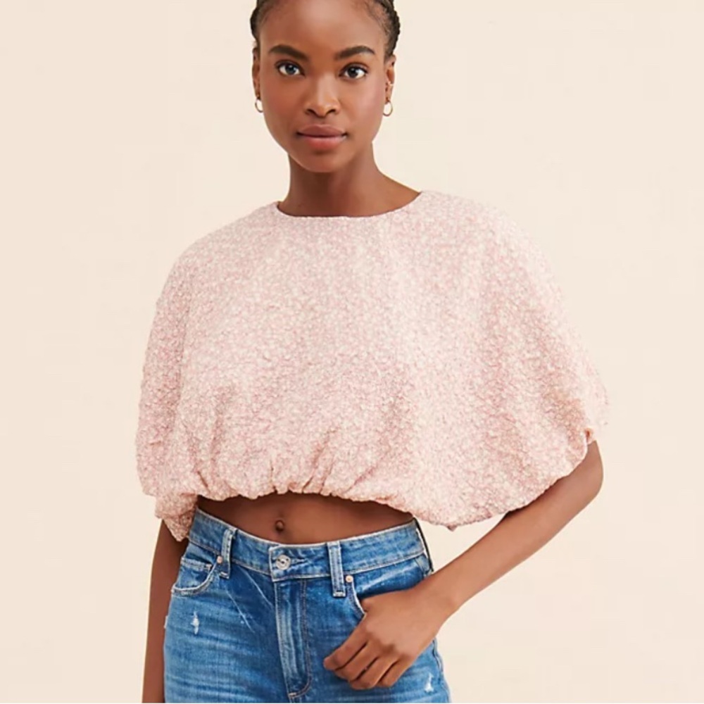 English Factory Small Cotton Candy Cropped Blouse Top ~ Pink Floral Bubble Hem